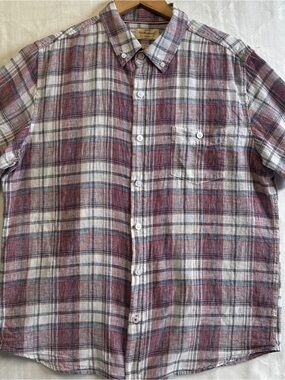 Weatherproof Vintage Linen Cotton Plaid Button Shirt Mens L Short Sleeve Red